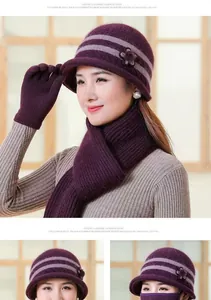 Three-piece winter set for women featuring a purple knitted hat, scarf, and gloves