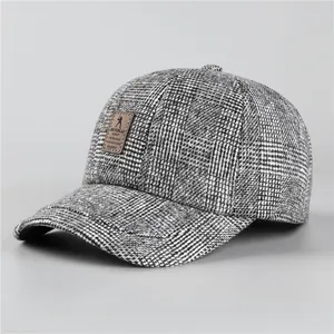 Winter tweed plaid baseball cap for elderly men with thick warm lining and ear protection