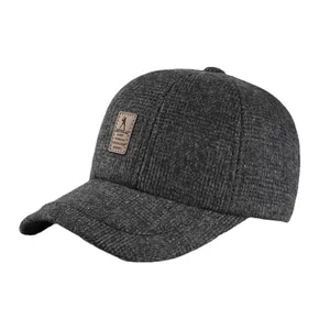 Men's winter grey wool baseball cap with thermal ear protection and leather patch
