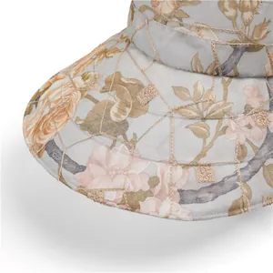 Detailed close-up of retro floral fabric with gold diamond embroidery on a sun hat