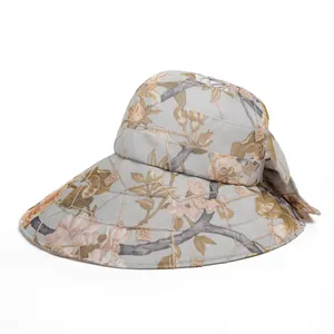 Detailed close-up of wide-brim sun hat featuring floral prints and diamond quilting textures