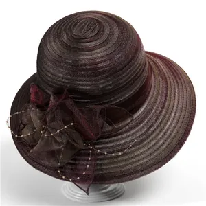 Elegant wine red organza sun hat with large floral decoration and pearls for women