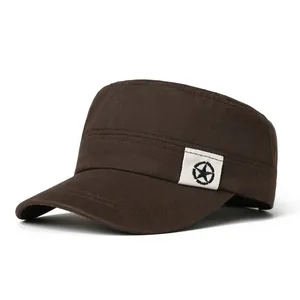 Koffiebruine militaire platte pet met ster-logo, ademende en sneldrogende zonneklep voor heren