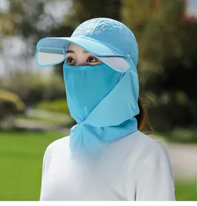 Detail eines blauen Sonnenhutes mit Gesichtsschutz und Nackenschutz für Damen