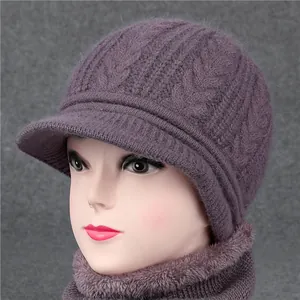 Women Rabbit Hair Blend Knit Hat Scarf Set Winter Warm Fleece Lined Cable Knitted Beanie Neck Warmer For Middle Aged Elderly Women