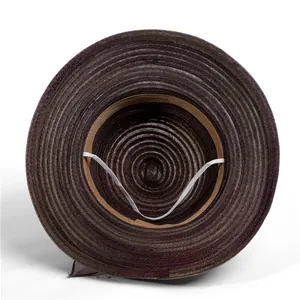 Detail view of the brown organza hat inner lining with sweatband and elastic chin strap