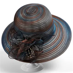 Women Elegant Organza Flower Wide Brim Sun Hat Foldable Striped Mesh Beach Bucket Hat For Church Party Travel Mom Gift