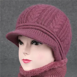 Winter knitted hat and neck warmer set for elderly women with warm lining in purple
