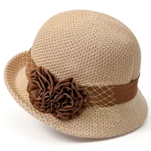 French Elegant Women's Woven Sun Hat Vintage Cloche Bucket Hat With Flower Ribbon Mesh Decoration Travel Beach Sunscreen Cap