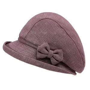 Elegant purple cotton linen cloche hat for women with bow decoration and geometric pattern