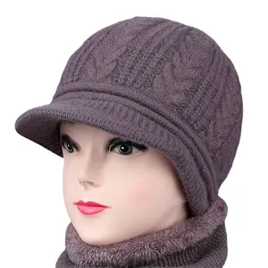 Winter knitted beanie hat and neck scarf set with warm fleece lining in deep purple color