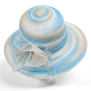 Elegant wide brim organza flower sun hat for women with blue and white striped weave texture