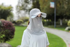 Detail eines hellgrauen Sonnenhuts mit atmungsaktiver Maske und verstellbaren Klappen