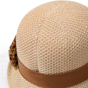 Macro detail of beige straw weaving with dark brown velvet ribbon and gold accent