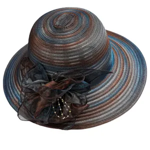 Women's elegant wide-brim organza flower sun hat with blue-bronze striped woven texture