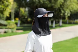 Detailansicht grauer Sonnenhut mit atmungsaktiver Gesichtsmaske und Nackenschutz für Damen