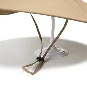 Detail of adjustable windproof drawstring and buckle on khaki wide brim sun hat