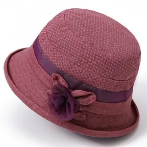 Women's burgundy sun hat for middle-aged ladies with floral ribbon and mesh decor