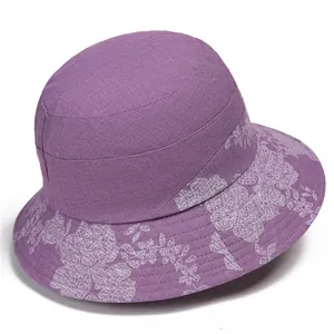 Deep purple breathable cotton sun hat for elderly women with elegant floral brim design