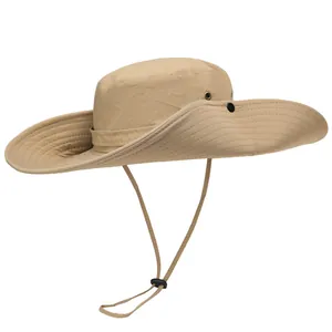 Detail of khaki wide-brim sun hat with breathable mesh holes and adjustable chin strap