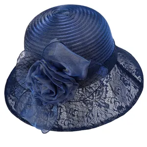 Chapeau de soleil élégant bleu marine avec fleur en organza et bord en dentelle pour femmes