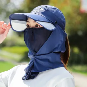 Dunkelblauer Sonnenschutzhut mit breiter Krempe, Nackenschutz und Gesichtsvisier