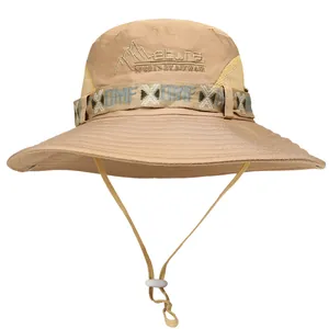Cappello da sole kaki da uomo con tesa larga, rete traspirante e cinturino regolabile