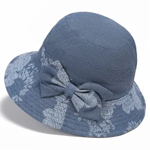 Women Sun Hat Floral Bucket Hat Foldable Cotton Blend Breathable Wide Brim Fisherman Hat With Bow Decoration For Elderly Ladies Outdoor Summer