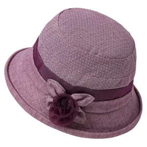 Elegant purple sun hat for elderly women featuring breathable fabric and floral detail