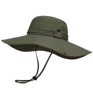 Army green wide brim sun hat with adjustable chin strap and breathable side vents