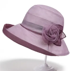 Women Elegant Wide Brim Sun Hat Organza Floral Church Tea Party Hat Summer Breathable UV Protection Beach Wedding Hat