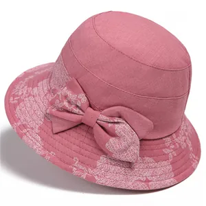 Breathable floral cotton sun hat for elderly women with bow knot in peach pink