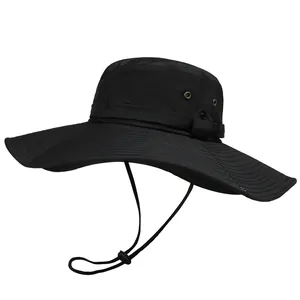 Waterproof black wide-brim sun hat for outdoor hiking and fishing with adjustable chin strap