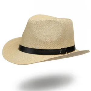 Chapeau Fedora en Paille à Bord Large Unisexe Protection Solaire d'Été Extérieur Plage Chapeau Panama en Paille de Papier Avec Ceinture Noire