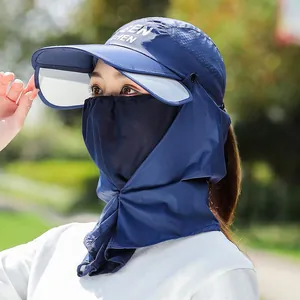Dunkelblauer Sonnenschutzhut mit Gesichtsmaske und Nackenschutz für Outdoor-Aktivitäten