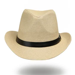 Chapeau de paille Fedora classique à large bord avec ruban en cuir noir pour le soleil