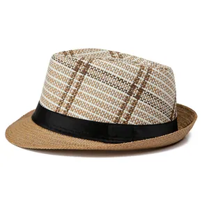 Cappello di paglia classico da uomo a quadri con nastro nero e trama fine