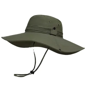 Army green wide brim outdoor sun hat with adjustable chin strap and breathable vents
