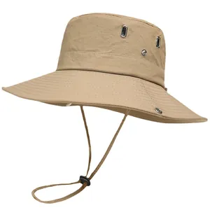 Sombrero de sol caqui de ala ancha con orificios de ventilación y correa ajustable exterior