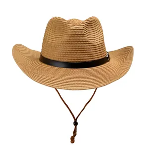 Classic straw cowboy sun hat with wide brim and adjustable chin strap for outdoors