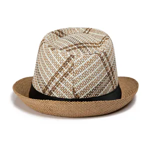 Cappello di paglia uomo stile jazz con motivo a quadri marroni e nastro nero per l'estate