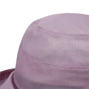 Close-up of purple sun hat with breathable mesh layers and precise stitching details