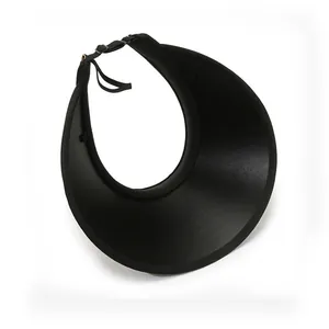 Detail of black wide-brim open-top sun hat showing the adjustable buckle and fabric texture