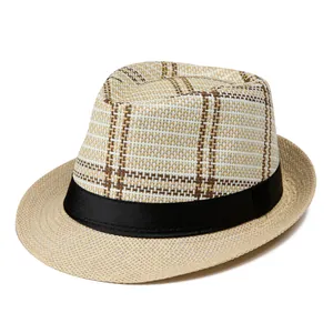 Cappello estivo da uomo in paglia jazz fedora con motivo beige e nastro di raso