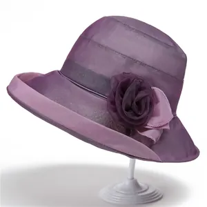 Elegant purple organza sun hat for women featuring a 3D floral accent for sun protection