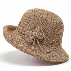 Women Knitted Bucket Hat Elegant Bowknot Sun Hat Foldable Breathable Hollow Crochet Beach Sun Protection Summer Hat