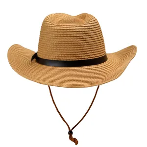 Men's western straw sun hat with black leather band and adjustable chin strap