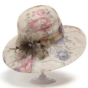 Elegante Cappello da Sole Floreale in Rete per Donna Tesa Larga Cappello alla Pescatora Traspirante in Organza Con Fiocco Berretto Protezione UV Mare Estate