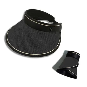 Black straw sun visor hat with UV protection and foldable design for summer women
