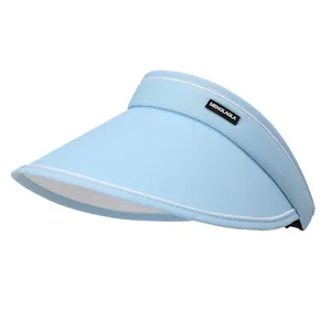 Detailed side view of light blue wide brim sun visor with UV protection fabric